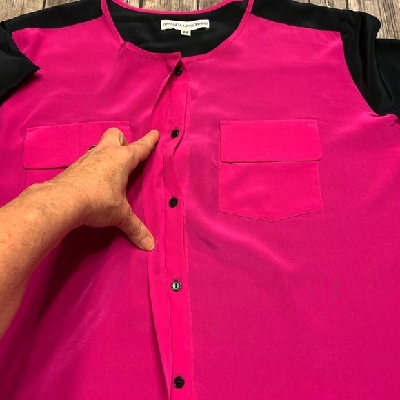 AMANDA UPRICHARD Silk Blouse Color Block short sleeve Top preppy minimalist MED - Picture 3 of 7